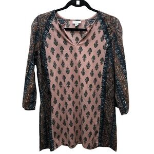 Pure Jill Tunic Top Womens Small Petite‎ Paisley Boho Linen Blend